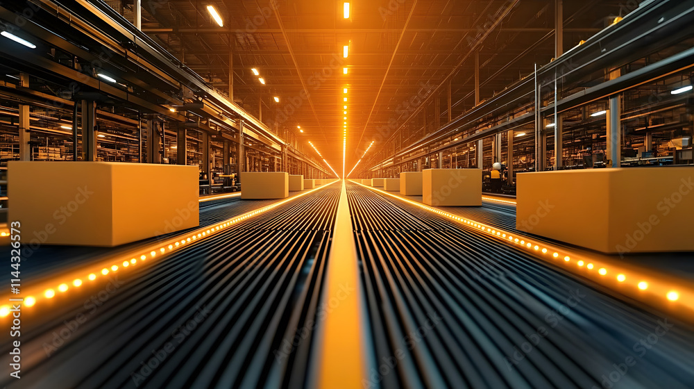 A bright, modern warehouse scene with orange lighting, featuring boxes on a conveyor belt, illustrating efficient logistics and storage