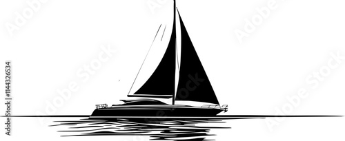 A minimalist black and white illustration of a sailboat gliding over the calm waters, capturing the essence of nautical adventure.