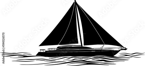 A stylish black and white illustration of a sailboat gliding over gentle waves, perfect for marine-themed designs.