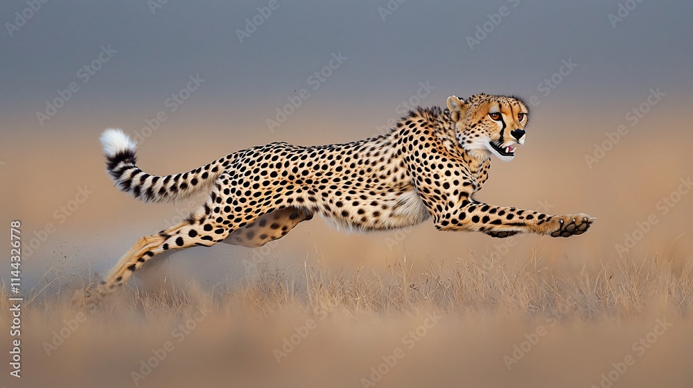 Cheetah in full stride, running across savanna. Cheetah in full stride, running across savanna.
