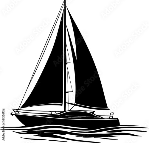 A detailed black and white illustration of a sailboat navigating through waves, perfect for nautical-themed designs.