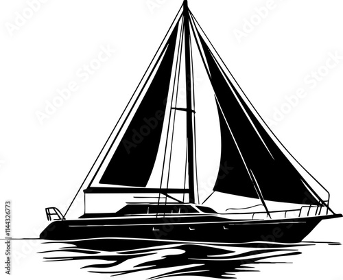 A detailed black and white illustration of a sailboat on the water, ideal for marine-themed designs.