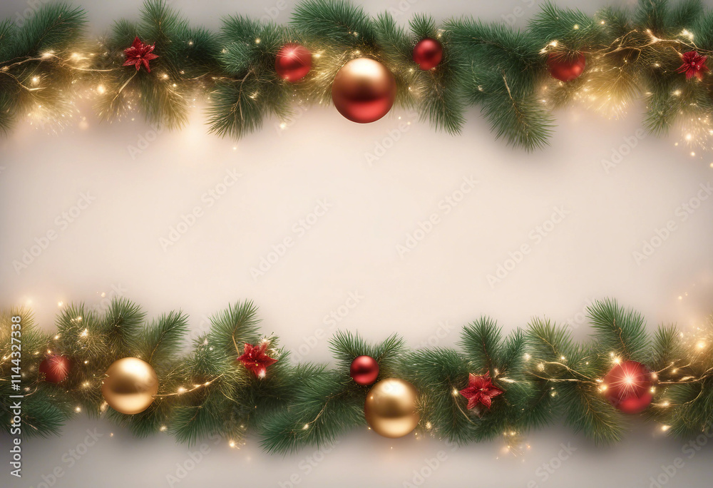 Seamless decorative christmas border with coniferous branches and garlands of christmas lights and o Seamless decorative christmas border with coniferous branches and garlands of christmas lights and o