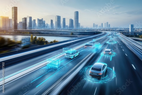 Self-driving cars navigating a futuristic city highway, showcasing advanced technology and seamless connectivity.