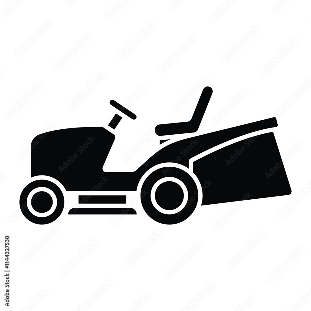 Lawn tractor vector icon. Lawnmower symbol for yard work, landscaping, and garden maintenance. Tractor grass cutter pictogram. Black silhouette isolated on white background. Lawn tractor vector icon. Lawnmower symbol for yard work, landscaping, and garden maintenance. Tractor grass cutter pictogram. Black silhouette isolated on white background.