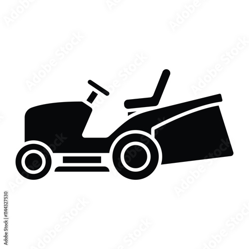 Lawn tractor vector icon. Lawnmower symbol for yard work, landscaping, and garden maintenance. Tractor grass cutter pictogram. Black silhouette isolated on white background.