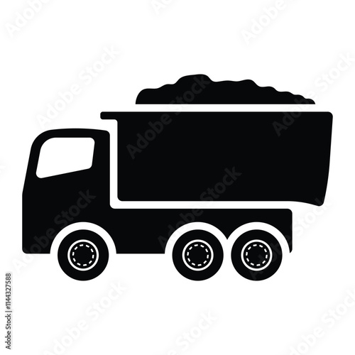 Dump truck vector icon. Heavy construction vehicle symbol for industrial equipment, construction sites, and logistics design. Black silhouette isolated on white background.