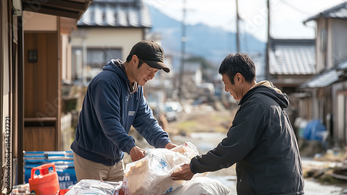 被災地で支援物資を配布する日本人男性たち photo