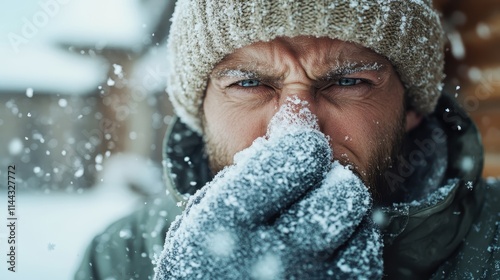 A rugged, bearded man clad in winter attire struggles with an icy nose amid a snowstorm, reflecting endurance and hardship against a striking mountain backdrop. photo