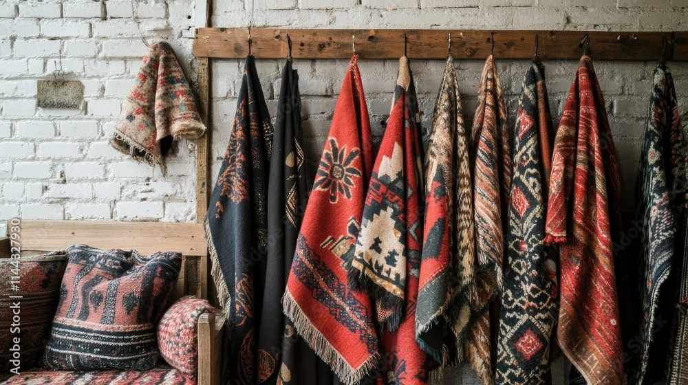 custom made wallpaper toronto digitalA patterned shawl artistically displayed on a rustic hanger in a boutique shop