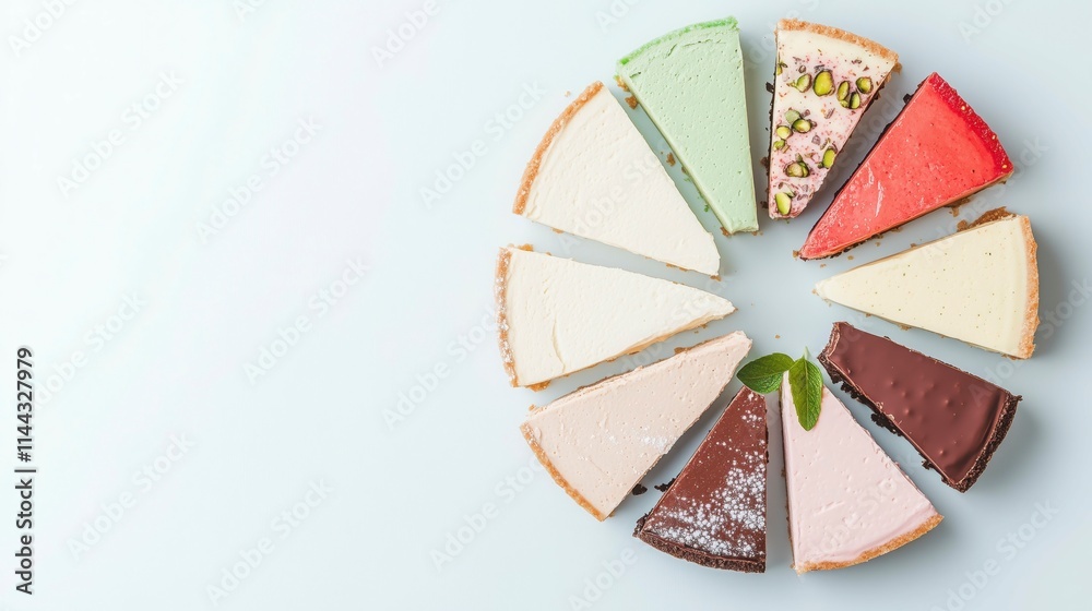 A circle of cheesecake slices, on a light blue background, delicious, aesthetically pleasing and minimalistic A circle of cheesecake slices, on a light blue background, delicious, aesthetically pleasing and minimalistic