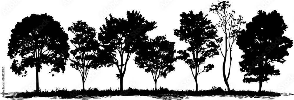 A collection of silhouetted trees creating a scenic landscape, ideal for nature-themed designs or eco-friendly projects.