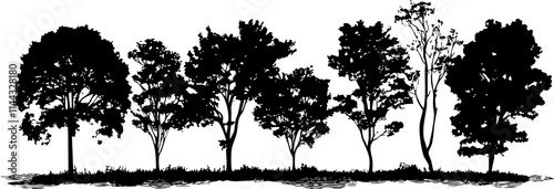 A collection of silhouetted trees creating a scenic landscape, ideal for nature-themed designs or eco-friendly projects.