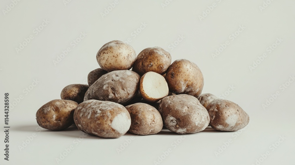 A pile of freshly washed organic potatoes with earthy textures and rich tones, isolated on a clean white background A pile of freshly washed organic potatoes with earthy textures and rich tones, isolated on a clean white background