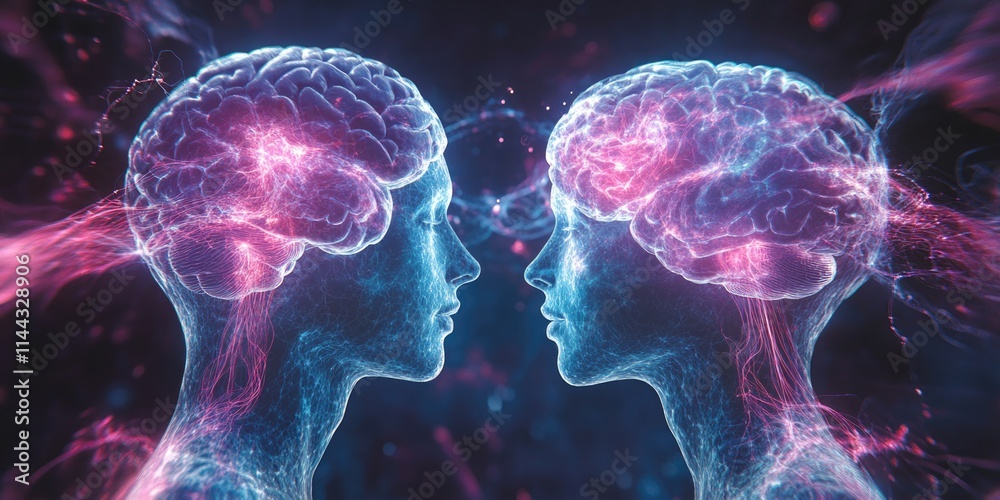 Two digital avatars with glowing brains, facing each other and exchanging ideas over a starry background. Two digital avatars with glowing brains, facing each other and exchanging ideas over a starry background.