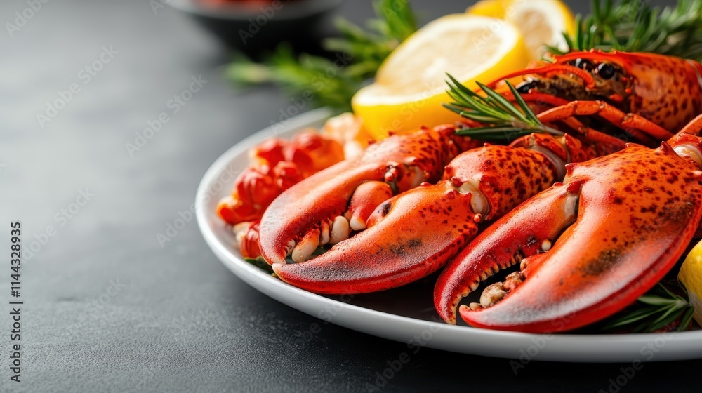Close-up of lobster claws creatively arranged on a platter, accompanied by lemon slices, capturing the artistry and vibrancy of culinary seafood presentations. Close-up of lobster claws creatively arranged on a platter, accompanied by lemon slices, capturing the artistry and vibrancy of culinary seafood presentations.