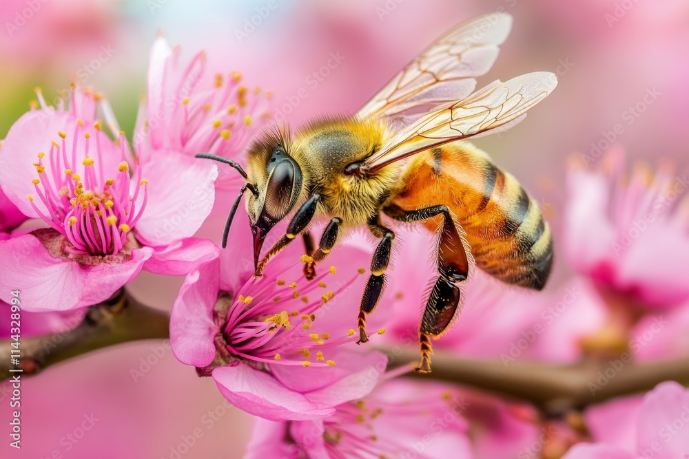 European honey bee collecting nectar and pollen from pink flower in springtime