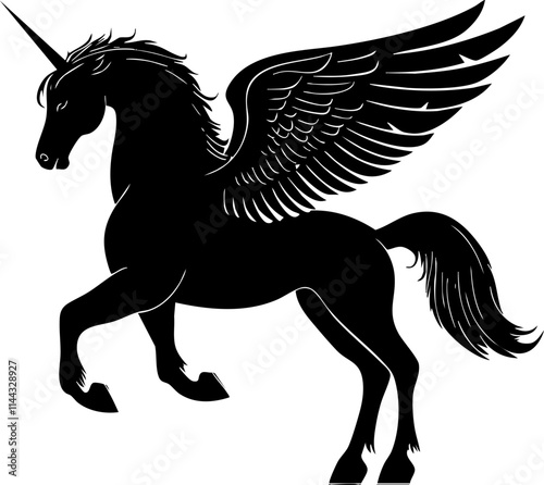 A majestic winged unicorn depicted in a sleek black silhouette, embodying fantasy and magic in an artistic illustration.