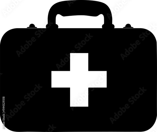 A simple black silhouette of a first aid kit with a white cross symbol, representing health and emergency care.