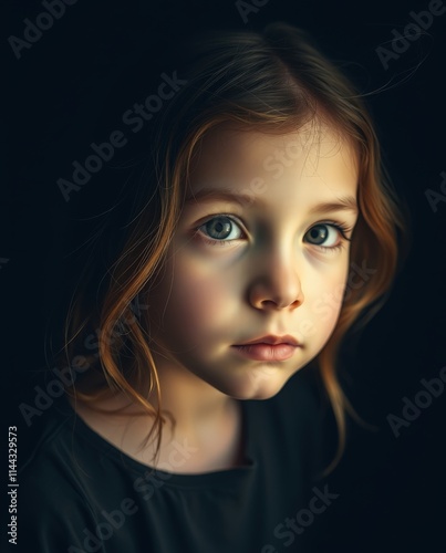 Child's Gaze: A young girl's expressive eyes hold a depth of emotion, capturing a moment of innocence and wonder.  The soft lighting and dramatic shadows create a sense of intimacy and mystery.