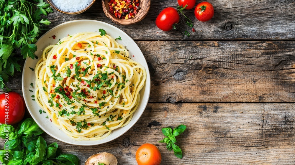 Fresh Homemade Pasta Dish with Herbs and Spices on Rustic Wooden Table Fresh Homemade Pasta Dish with Herbs and Spices on Rustic Wooden Table
