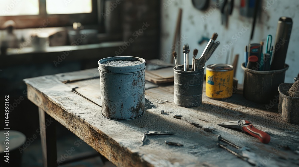 A rugged workbench with a container of wet cement, a water bucket, and a set of construction tools A rugged workbench with a container of wet cement, a water bucket, and a set of construction tools