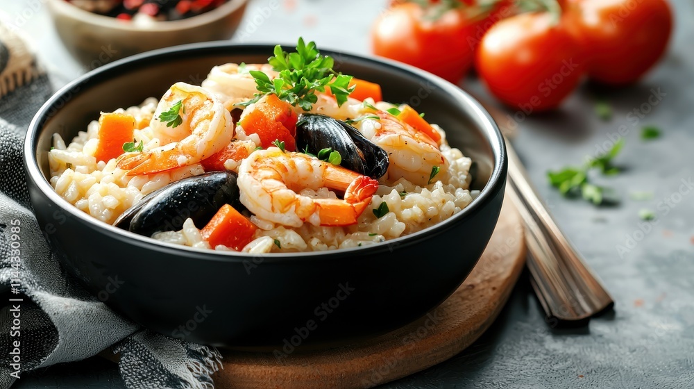 Fresh Shrimp and Seafood Risotto with Colorful Vegetables in a Black Bowl Fresh Shrimp and Seafood Risotto with Colorful Vegetables in a Black Bowl