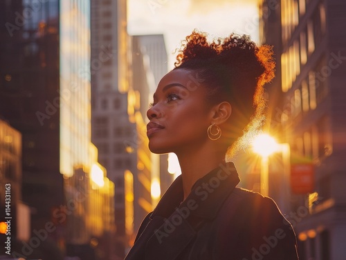 Portrait of a confident Black woman with an afro hairstyle in an urban setting at sunset, backlit by golden light. Represents empowerment, elegance, and modern city life with a serene and stylish atmo photo