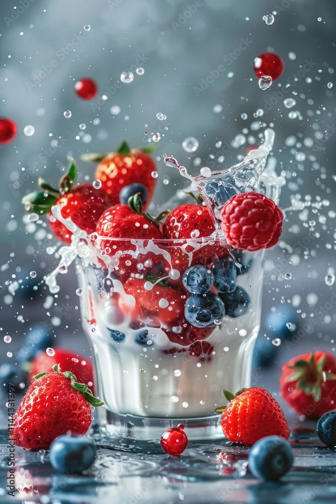 Fresh berries splashing into milk, creating a vibrant and healthy smoothie. Fresh berries splashing into milk, creating a vibrant and healthy smoothie.