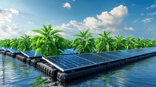 Explore the future of energy with our floating solar farms, a clean power innovation that combines technology with the tranquility of nature These serene waters become a source of sustainable energy photo