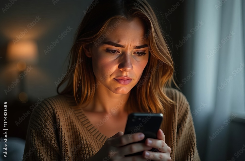 Young woman is frowning while reading upsetting content on her smartphone Young woman is frowning while reading upsetting content on her smartphone