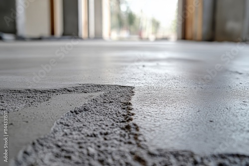 Self-levelling concrete mix covering uneven surface during floor filling in a construction site