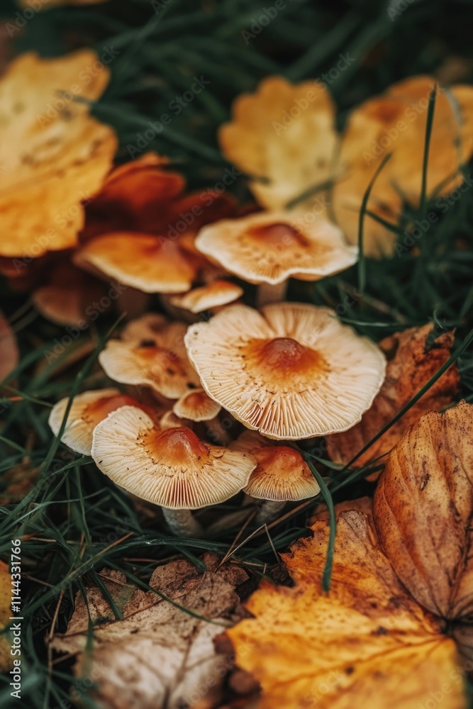 Golden mushrooms growing under fallen leaves, possibly fall truffles Golden mushrooms growing under fallen leaves, possibly fall truffles