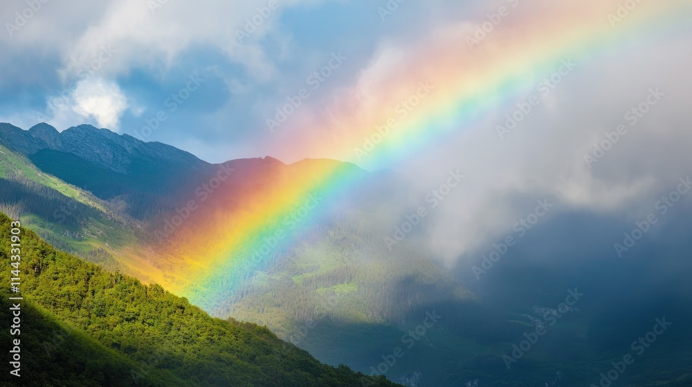 A serene rainbow graces the horizon above rolling mountains and soft mist A serene rainbow graces the horizon above rolling mountains and soft mist