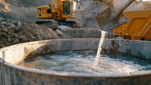 A shovel stirring cement and water in a heavy-duty container, with construction equipment visible in the background