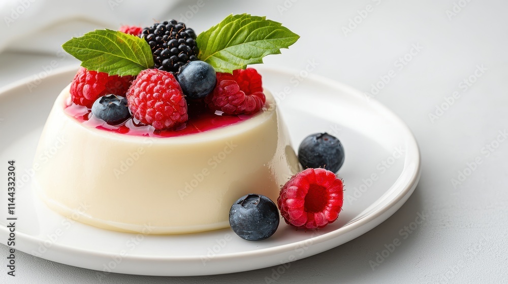 Creamy Panna Cotta Topped with Fresh Berries and Mint on a White Plate Creamy Panna Cotta Topped with Fresh Berries and Mint on a White Plate