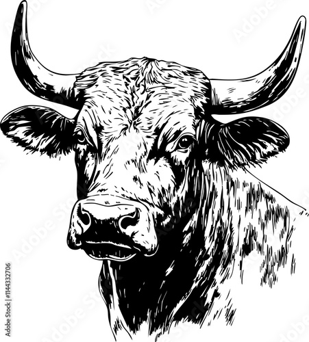 A detailed sketch of a cow's head, showcasing its horns and facial features, ideal for agricultural themes.