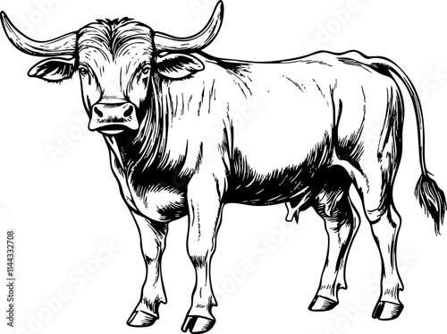 A detailed black and white sketch of a standing cow, showcasing its horns and robust figure, ideal for agricultural themes.