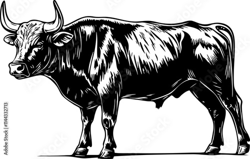 A vintage-style illustration of a standing cow, showcasing its details and features in a black and white format.