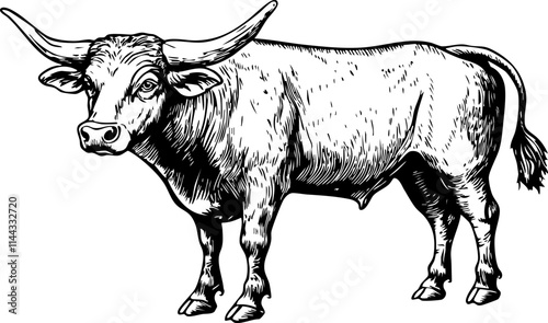 A detailed black and white illustration of a standing cow, showcasing its features in a rural farming context.