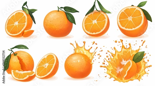 Fresh Citrus Fruits Collection Featuring Whole Oranges, Juicy Slices, and Splashes of Orange Juice for Creative Culinary Projects and Healthy Lifestyle Promotions