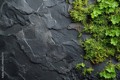 Green moss and clover are growing on a dark stone surface, creating a beautiful contrast photo