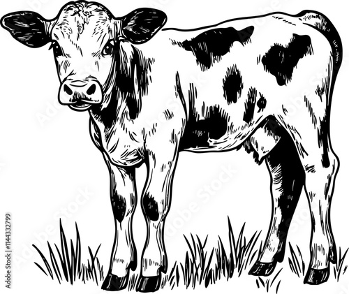 A detailed black and white illustration of a young calf standing in grass, representing farm life and agriculture.