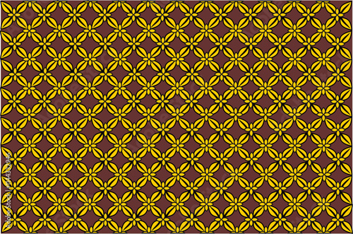 Kawung batik with yellow flower-shaped accents, gives a classic and elegant impression. Suitable for interior design, textiles or traditional decoration.