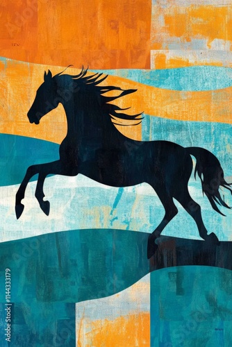 Majestic Silhouette of a Galloping Horse Against a Vibrant Abstract Background in Orange and Teal - Perfect for Equine-Themed Art and Decor photo