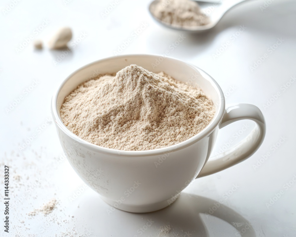 Cup protein powder placed on a clean white table Cup protein powder placed on a clean white table