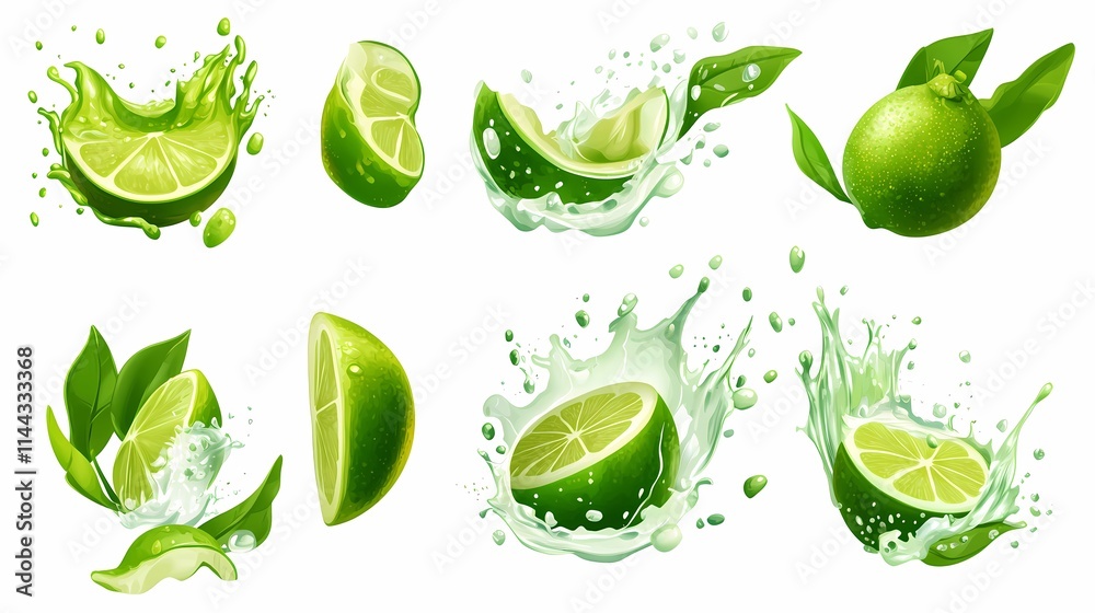 Fresh and Juicy Lime Slices with Splashing Water and Green Leaves, Perfect for Refreshing Beverages and Culinary Creations Fresh and Juicy Lime Slices with Splashing Water and Green Leaves, Perfect for Refreshing Beverages and Culinary Creations
