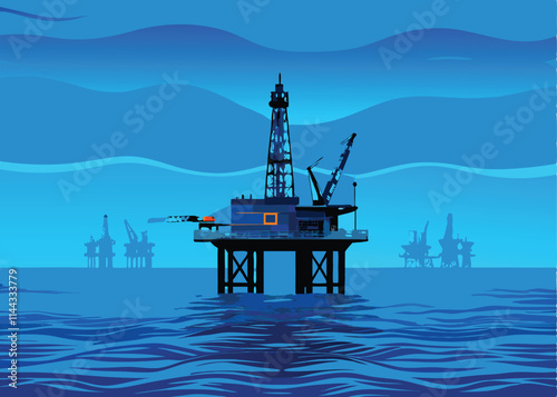 Design a detailed vector illustration of an offshore oil rig platform, showcasing its intricate structures and equipment, set against a calm ocean backdrop. photo