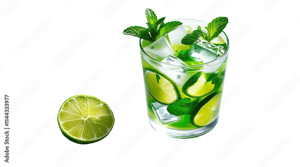 Refreshing Mojito Drink with Lime and Mint on Transparent Background Refreshing Mojito Drink with Lime and Mint on Transparent Background