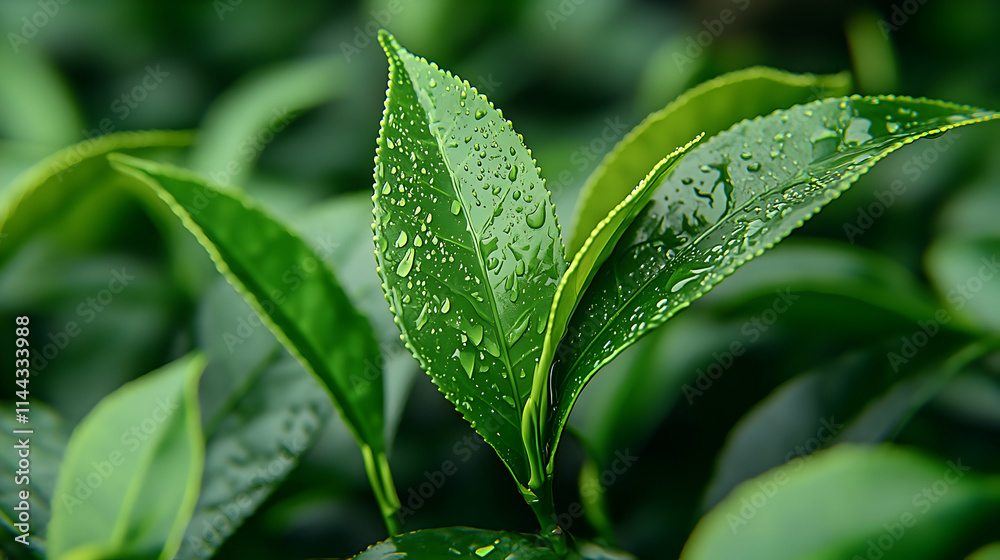 Close-up of fresh green tea leaves with water droplets.